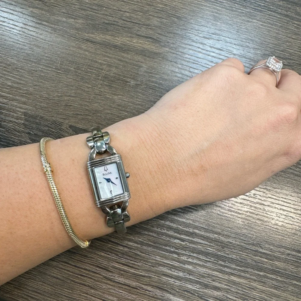 Women's 17mm Silver Tone Bulova rectangle wrist watch